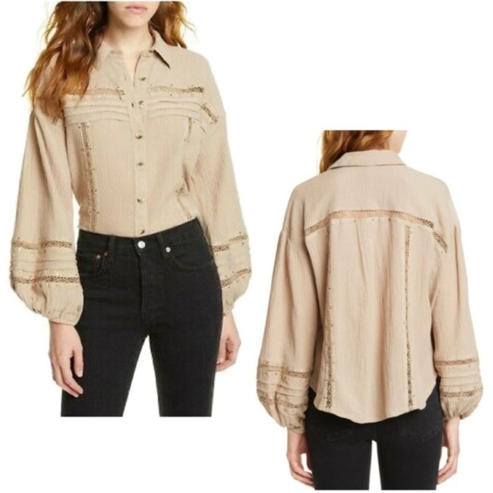 NWT Free People Summer Stars Button Down Balloon Sleeve Blouse in Stone XS